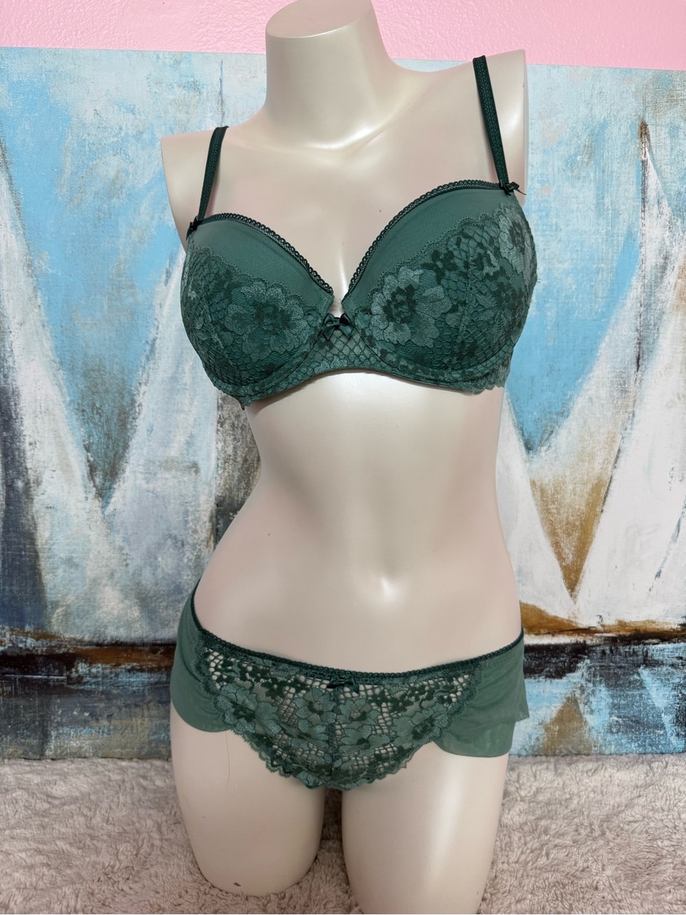 Adore Me Jana Green Lace Push-Up Bra & Hipster Set - Women's Intimates